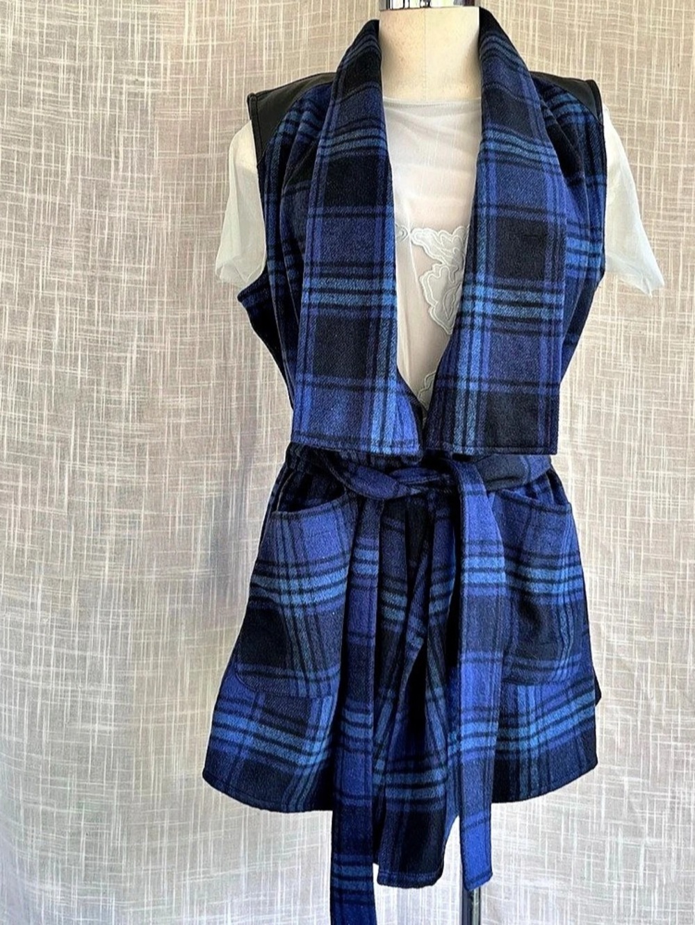 Lisa Rinna Collection Plaid Vest with Faux Leather Yoke and Belt Plaid Belted L